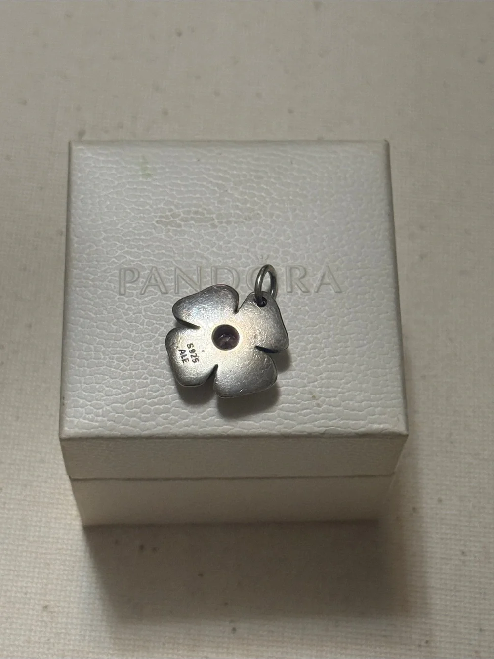 Pandora Sterling Silver 925 Flower Charm Pendant W/Pink Center Crystal W/Box